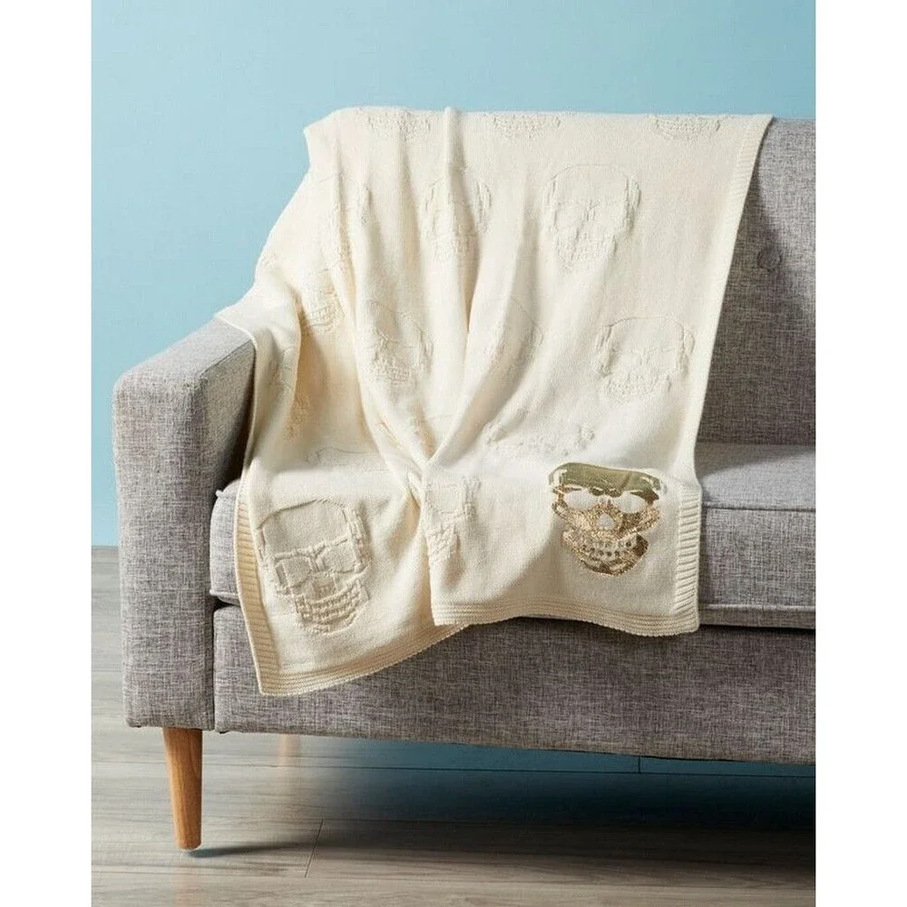Magaschoni Home Halloween Embossed Skull Throw Blanket Ivory Gold Printed Cotton